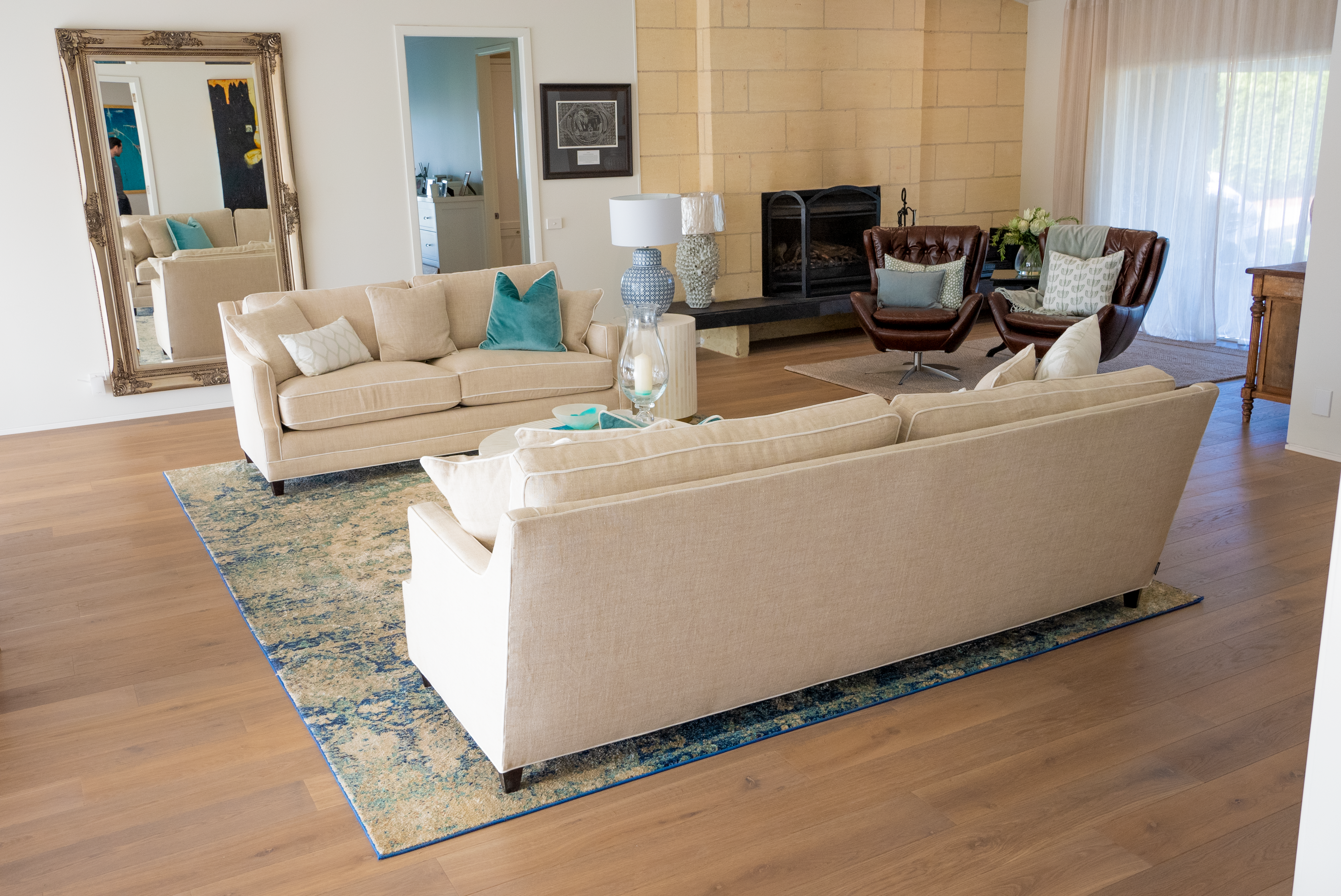 Peninsula farm residence &mdash; grand living room with fireplace